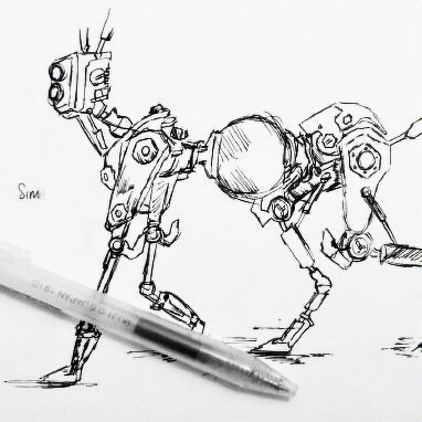 Ink sketch of Sim, a four-legged robot